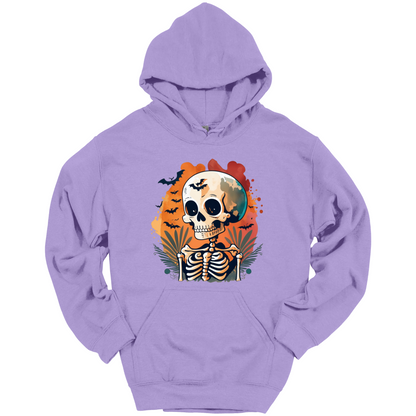 Purple hoodie with a Halloween-themed design featuring a skull and skeleton surrounded with bats.