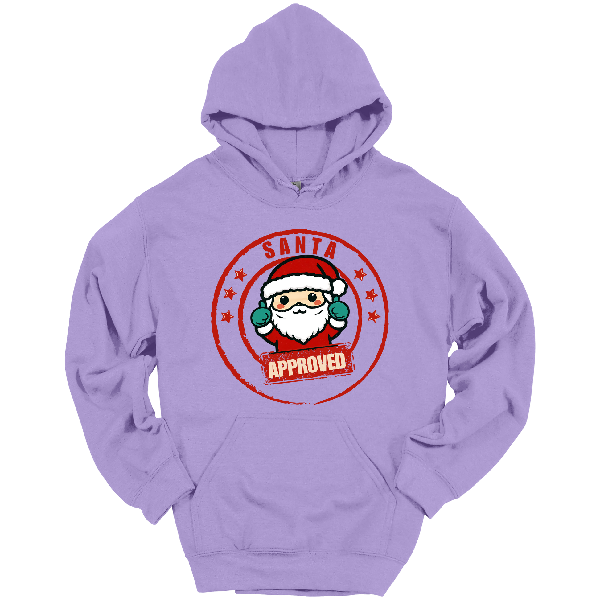 Purple Christmas hoodie with a Santa Claus graphic and 'Approved' text.