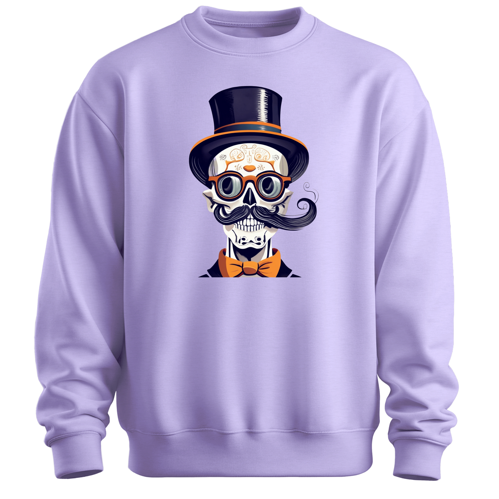 Purple halloween sweatshirt with a skull wearing a top hat, glasses and a bow tie.