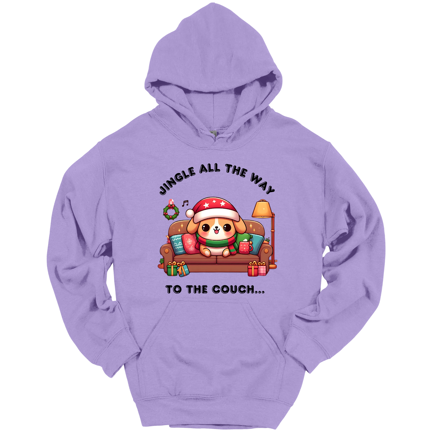 Purple hoodie with Christmas-themed design of a dog on a couch and text 'Jingle all the way to the couch'.