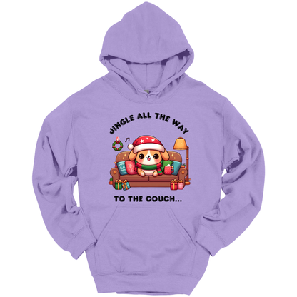 Purple hoodie with Christmas-themed design of a dog on a couch and text 'Jingle all the way to the couch'.