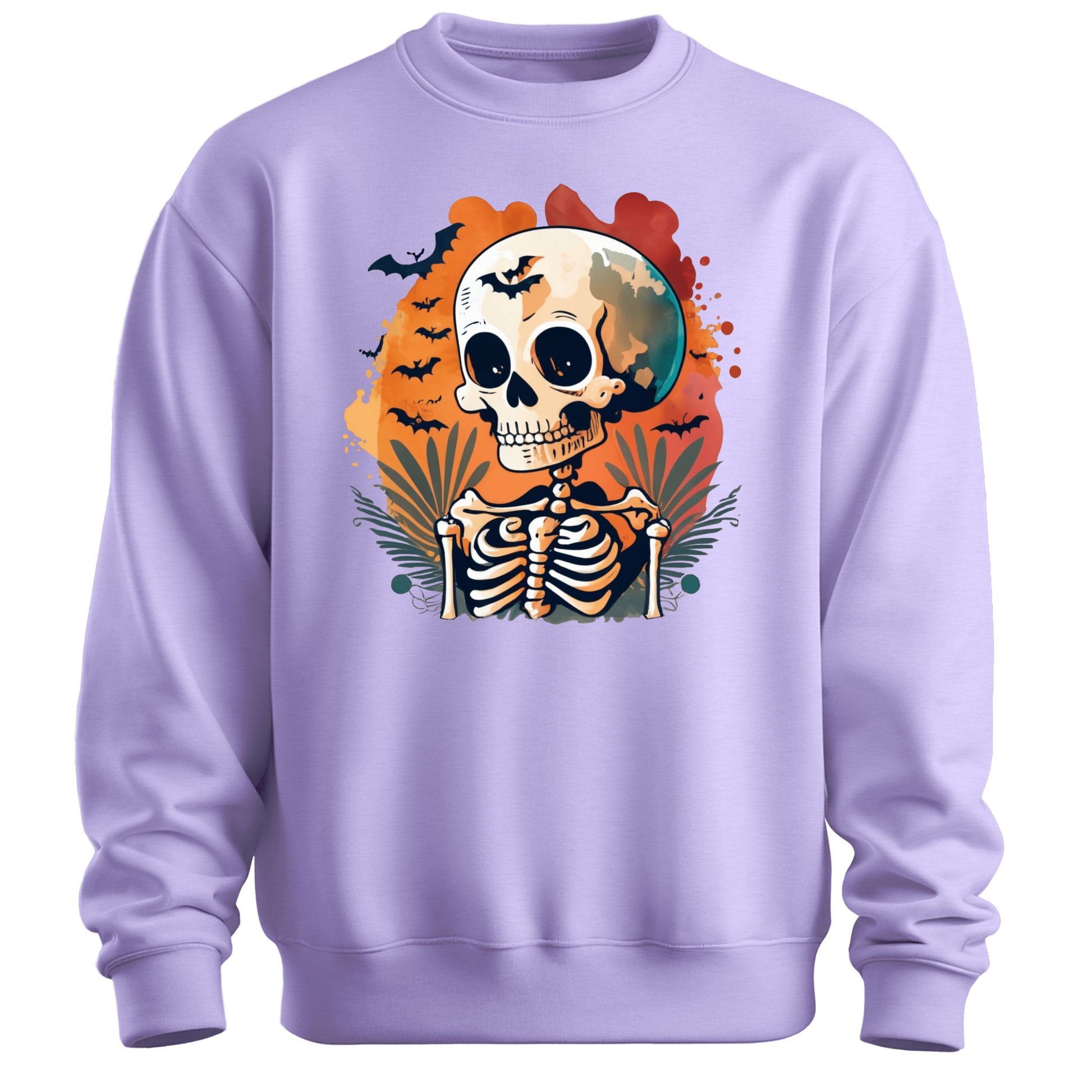 Purple sweatshirt with a Halloween-themed design featuring a skeleton and skull surrounded with bats.