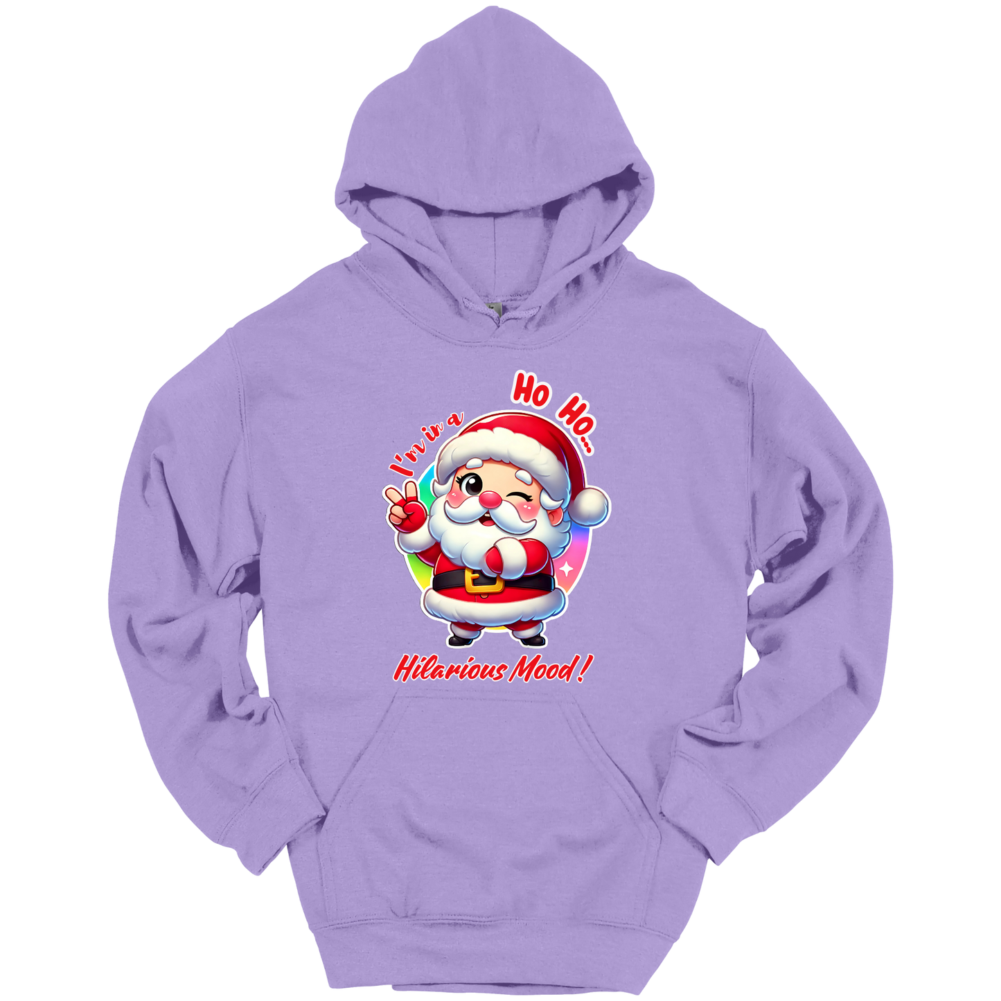 Purple Christmas hoodie with a cartoon Santa Claus design
