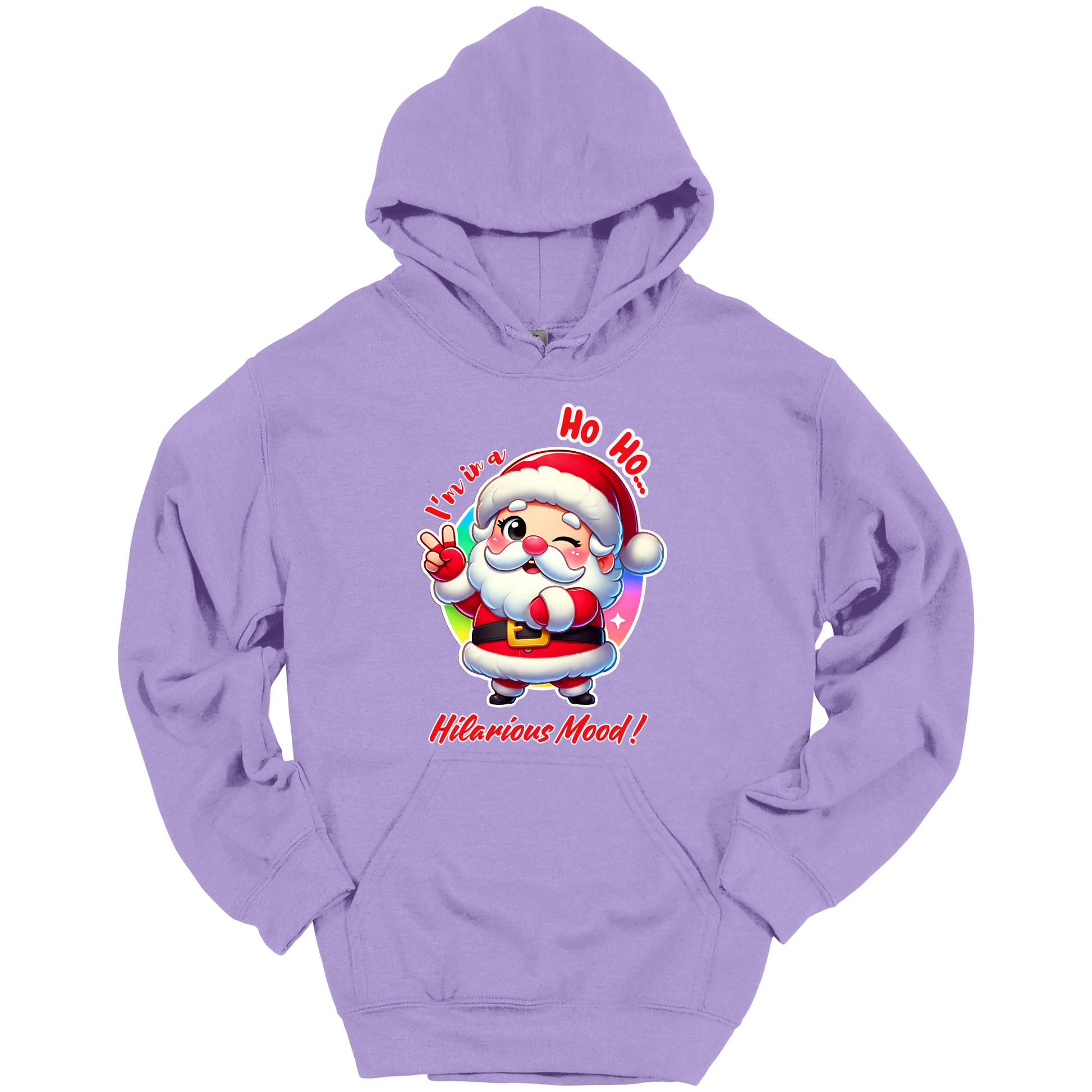 Purple Christmas hoodie with a cartoon Santa Claus design