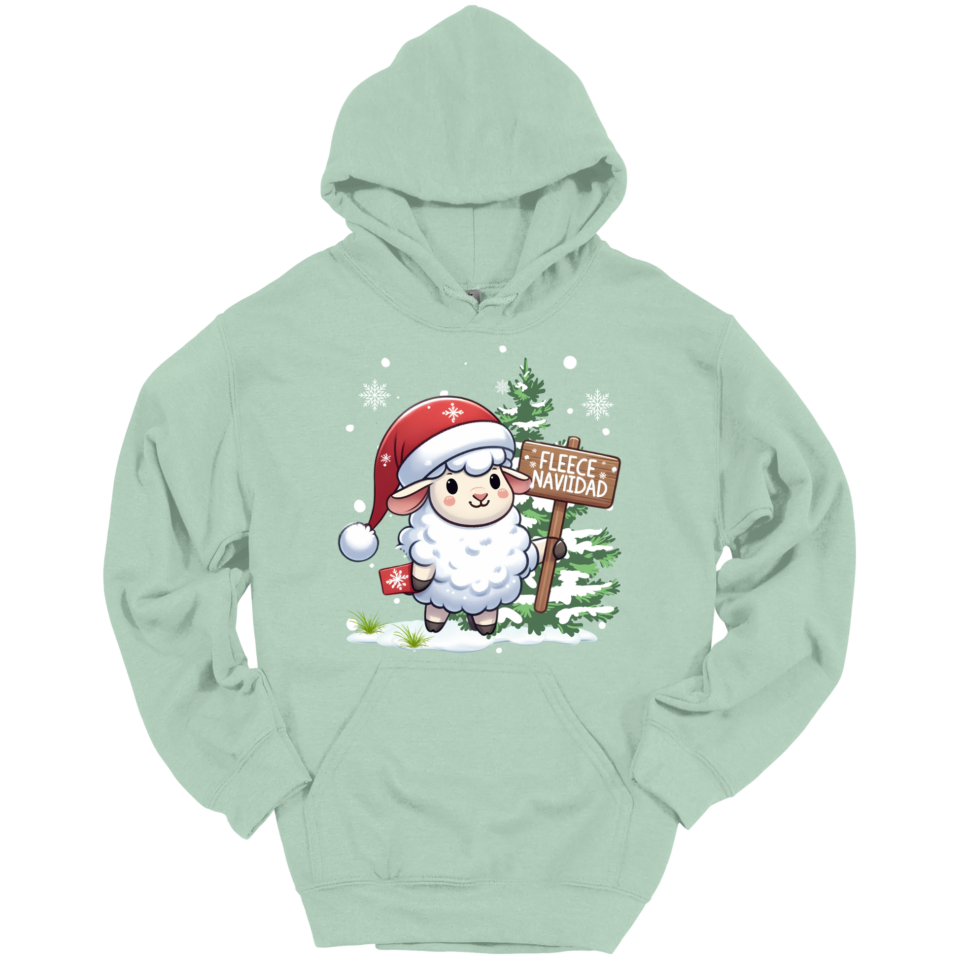 Mint green Christmas hoodie with a Christmas-themed design featuring a sheep in a Santa hat and a sign.