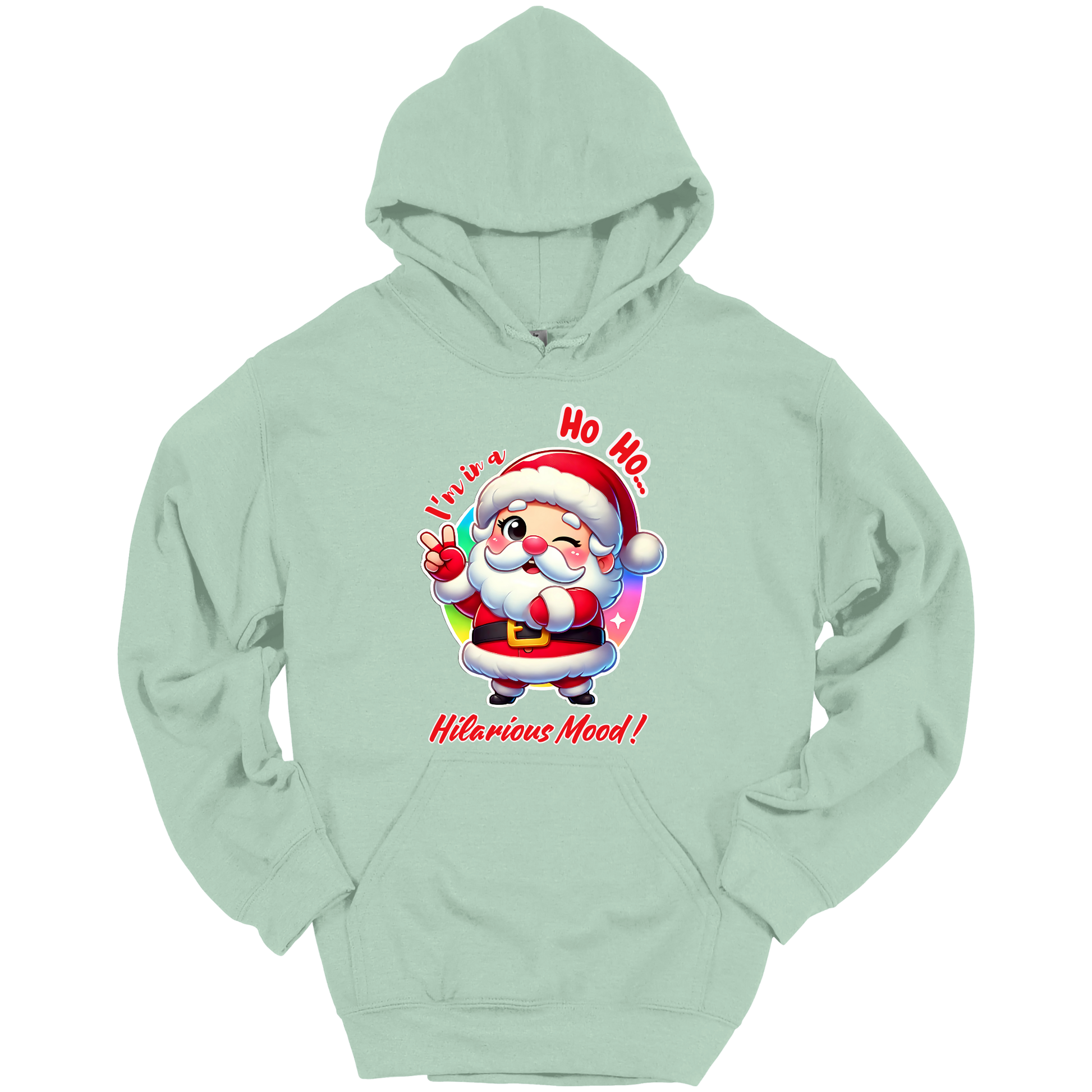 Light green Christmas hoodie with a cartoon Santa Claus design