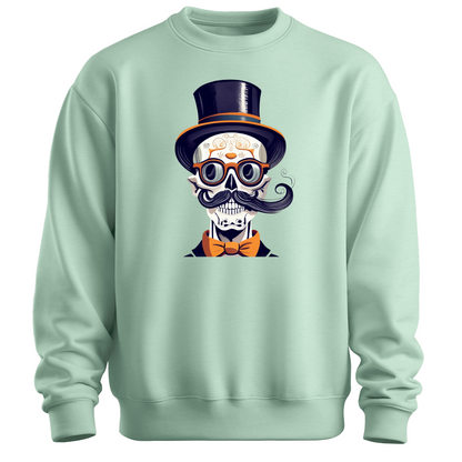 Light green halloween sweatshirt with a skull wearing a top hat, glasses and a bow tie.