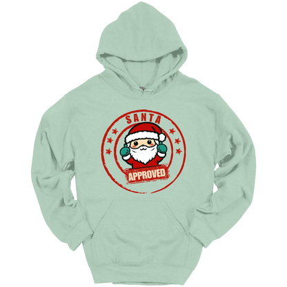 Light Green Christmas hoodie with a Santa Claus graphic and 'Approved' text.