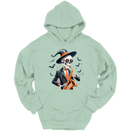 Mint green halloween hoodie with a skeleton playing a saxophone and wearing a witch hat, surrounded by bats.