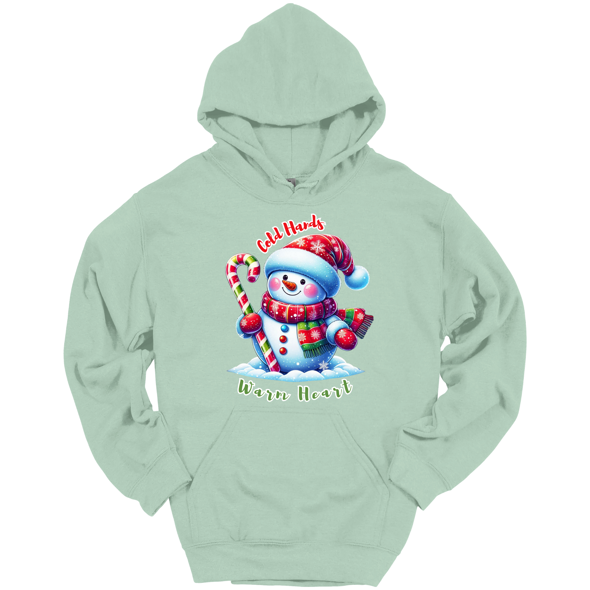 Mint green Christmas hoodie with a snowman graphic with a text "Cold Hands Warm Hearts"