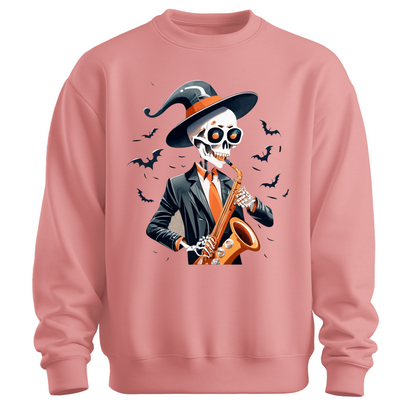 Pink halloween sweatshirt with a skeleton playing a saxophone and wearing a witch hat, surrounded by bats.