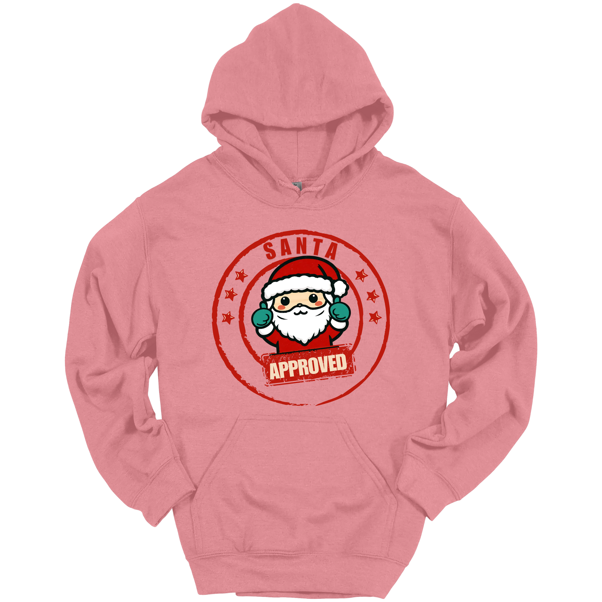 Pink Christmas hoodie with a Santa Claus graphic and 'Approved' text.