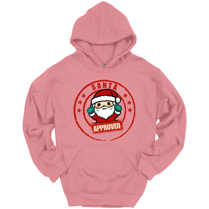 Pink Christmas hoodie with a Santa Claus graphic and 'Approved' text.