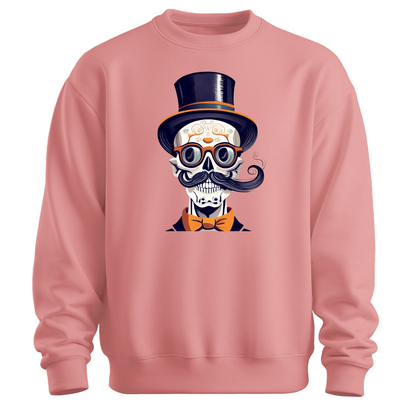 Pink halloween sweatshirt with a skull wearing a top hat, glasses and a bow tie.