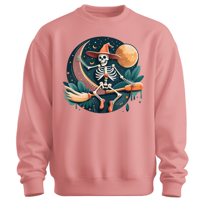 Pink halloween sweatshirt with a skeleton on a broomstick wearing a witch hat in the night time.