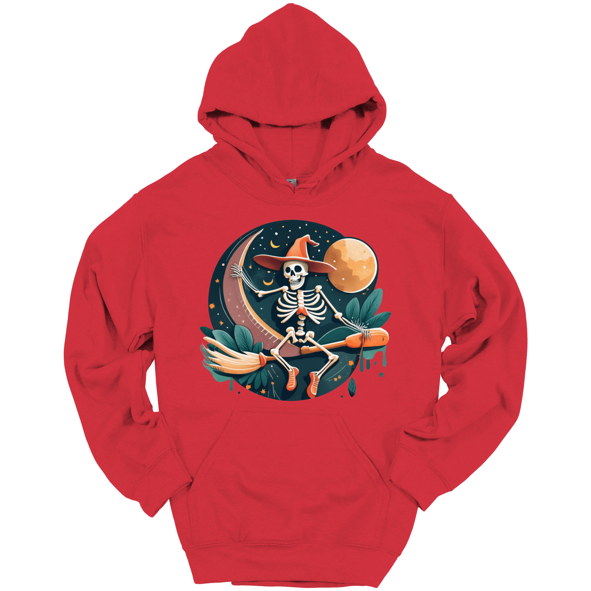 Red halloween hoodie with a skeleton on a broomstick wearing a witch hat in the night time.