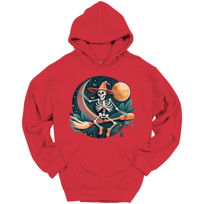 Red halloween hoodie with a skeleton on a broomstick wearing a witch hat in the night time.