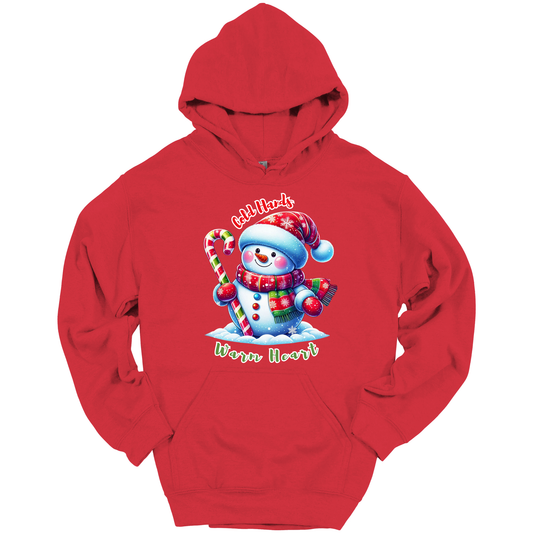 Red Christmas hoodie with a snowman graphic with a text "Cold Hands Warm Hearts"