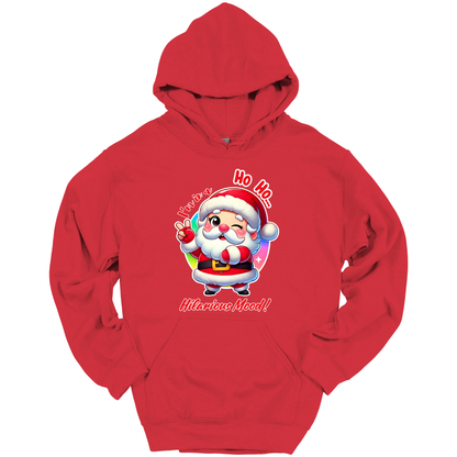 Red Christmas hoodie with a cartoon Santa Claus design