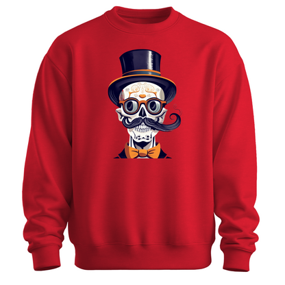 Red halloween sweatshirt with a skull wearing a top hat, glasses and a bow tie.