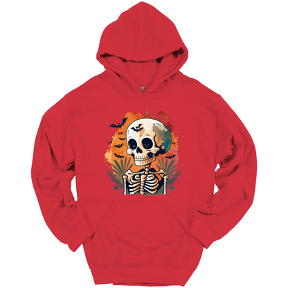 Red hoodie with a Halloween-themed design featuring a skull and skeleton surrounded with bats.