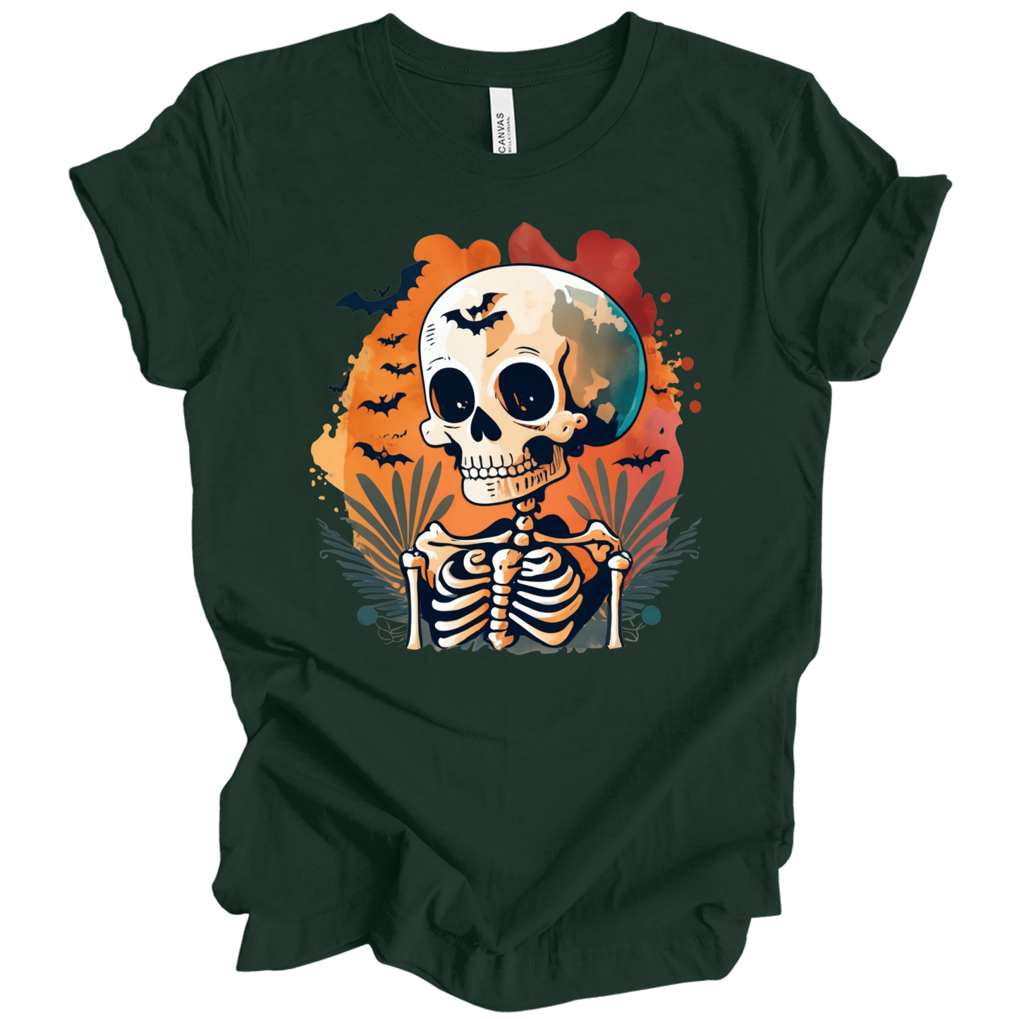 Green t-shirt with a Halloween-themed design featuring a skeleton and skull surrounded with bats.