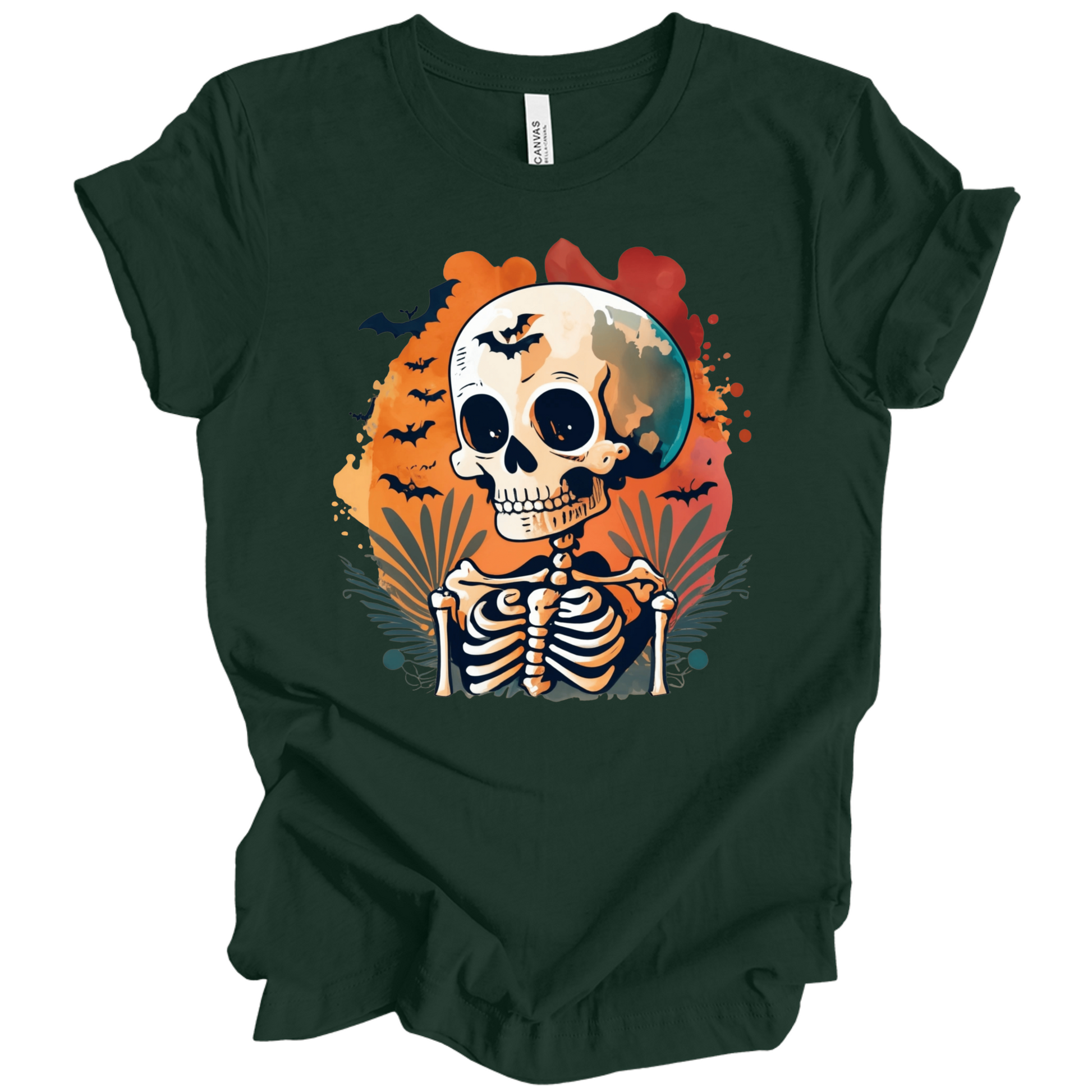 Green t-shirt with a Halloween-themed design featuring a skeleton and skull surrounded with bats.