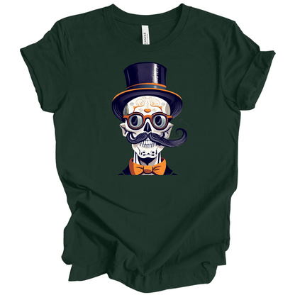 Dark green halloween t-shirt with a skull wearing a top hat, glasses, and bow tie.