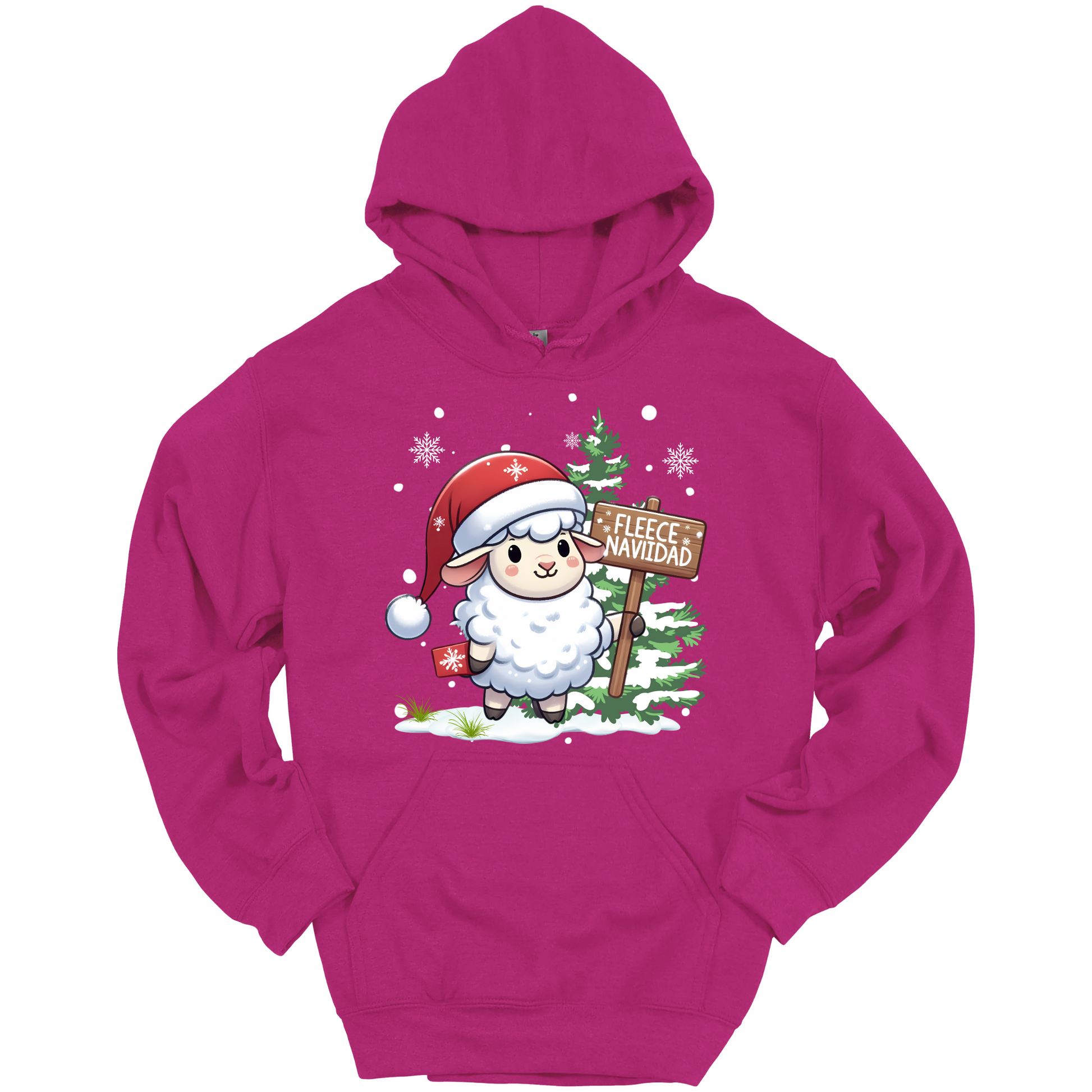 Pink Christmas hoodie with a Christmas-themed design featuring a sheep in a Santa hat and a sign.