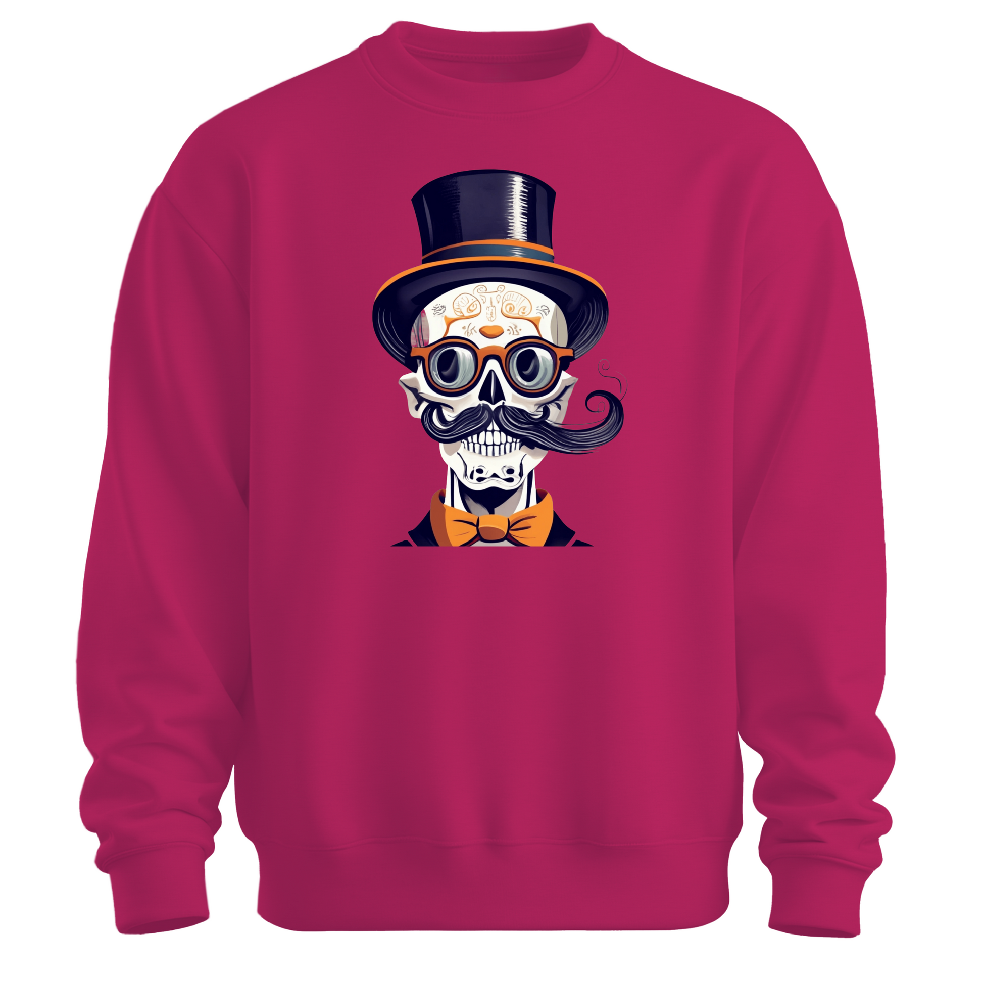 Pink halloween sweatshirt with a skull wearing a top hat, glasses and a bow tie.