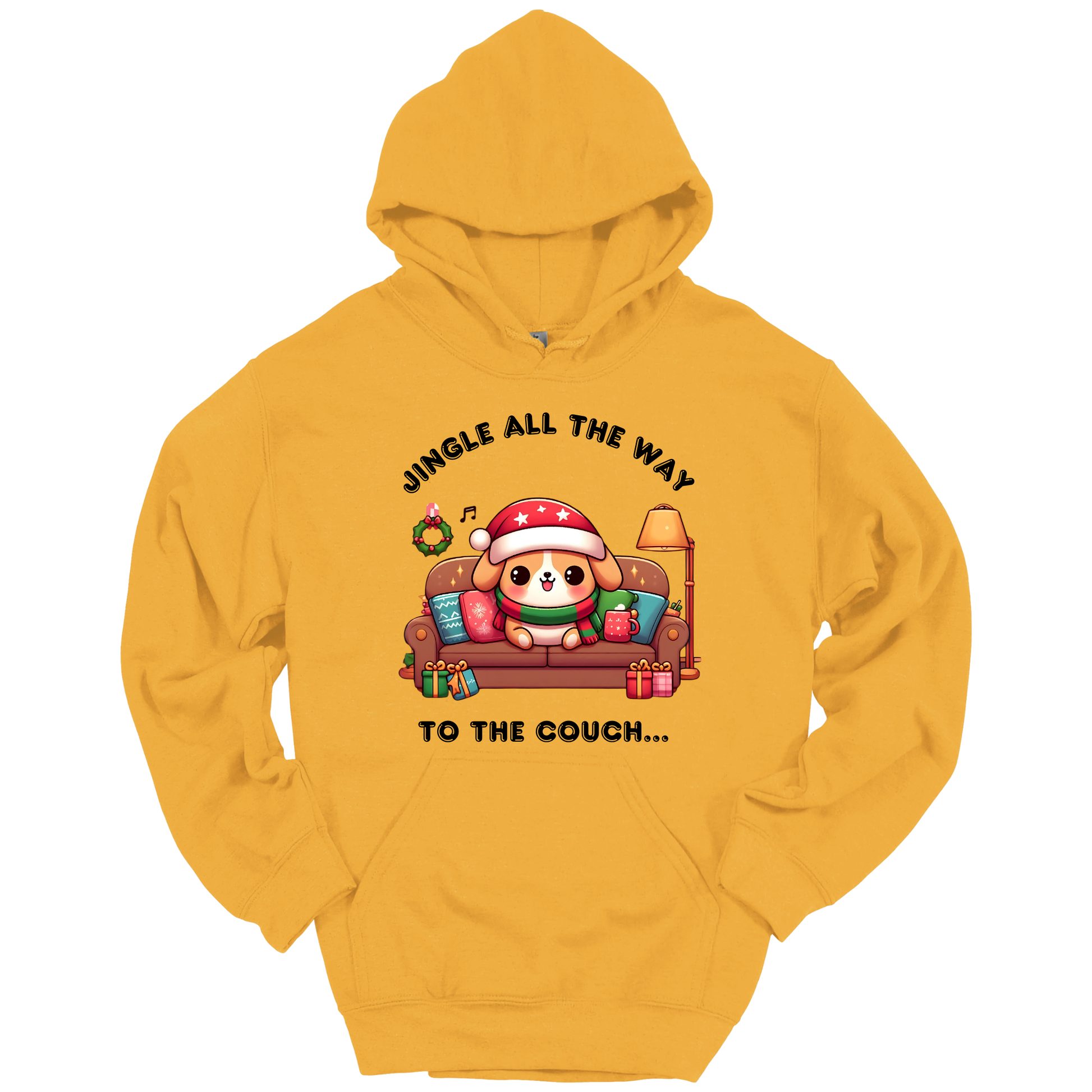 Yellow hoodie with Christmas-themed design of a dog on a couch and text 'Jingle all the way to the couch'.