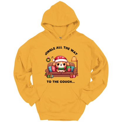 Yellow hoodie with Christmas-themed design of a dog on a couch and text 'Jingle all the way to the couch'.