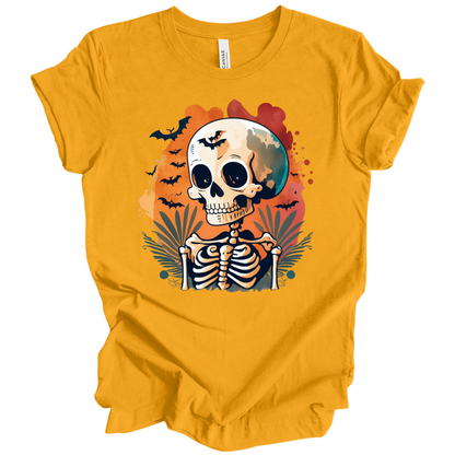 Yellow t-shirt with a Halloween-themed design featuring a skeleton and skull surrounded with bats.