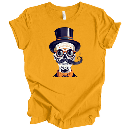 Yellow halloween t-shirt with a skull wearing a top hat, glasses, and bow tie.