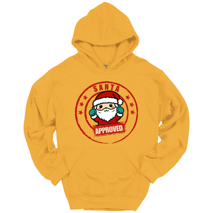 Yellow Christmas hoodie with a Santa Claus graphic and 'Approved' text.