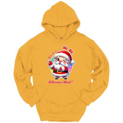 Yellow Christmas hoodie with a cartoon Santa Claus design