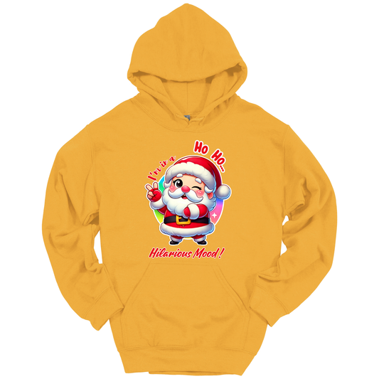 Yellow Christmas hoodie with a cartoon Santa Claus design