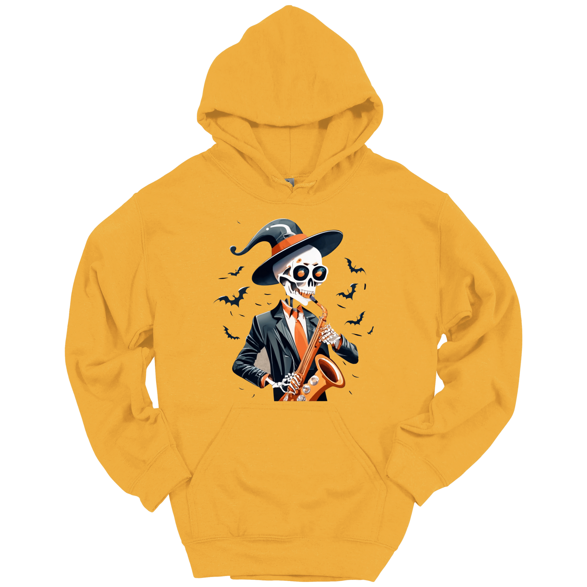 Yellow halloween hoodie with a skeleton playing a saxophone and wearing a witch hat, surrounded by bats.