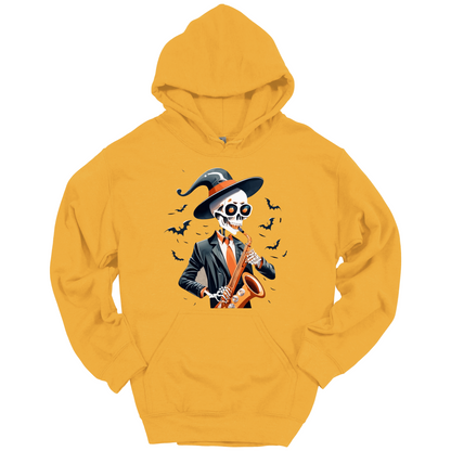 Yellow halloween hoodie with a skeleton playing a saxophone and wearing a witch hat, surrounded by bats.