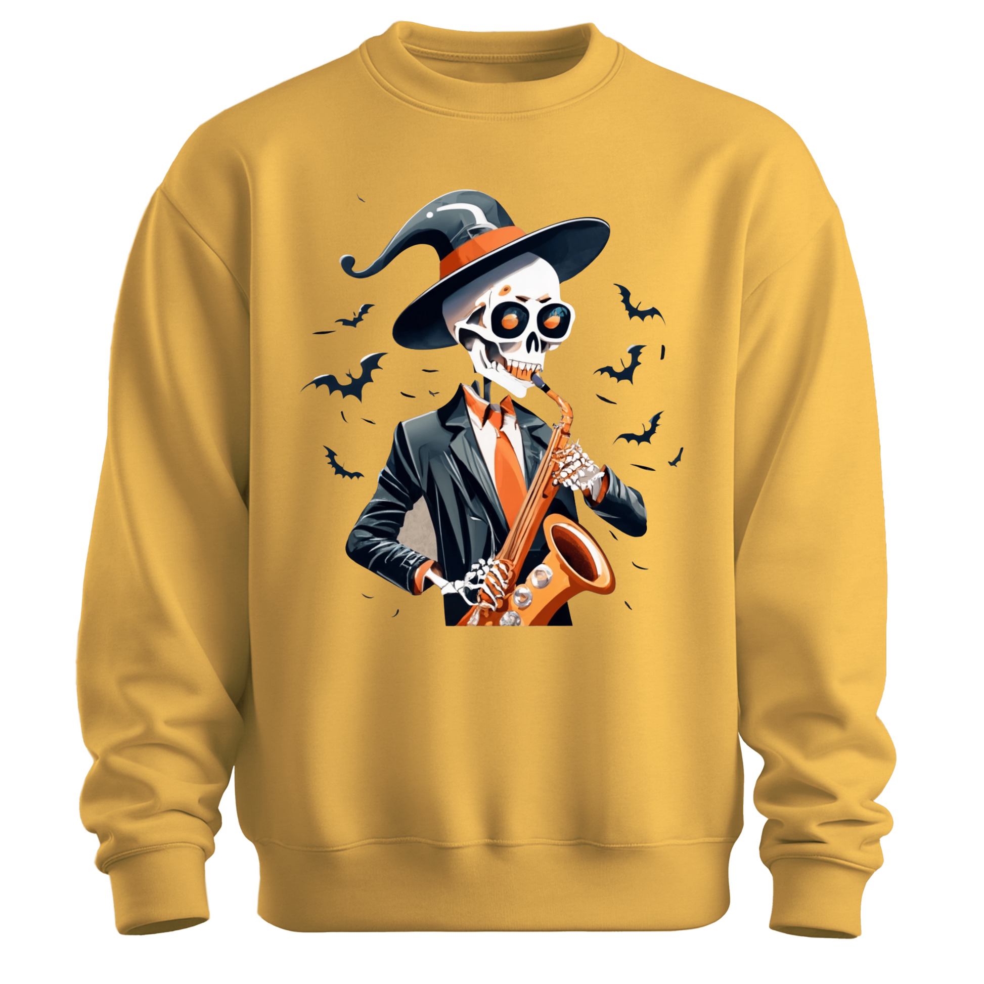 Yellow halloween sweatshirt with a skeleton playing a saxophone and wearing a witch hat, surrounded by bats.