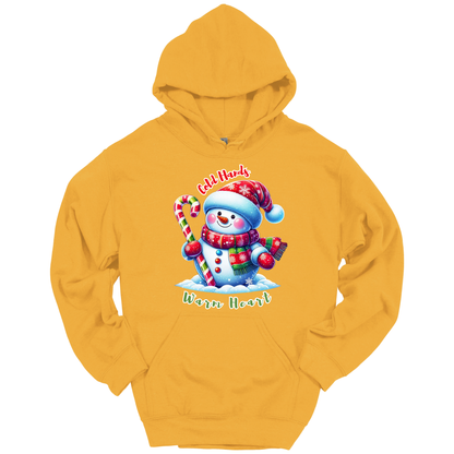 Yellow Christmas hoodie with a snowman graphic with a text "Cold Hands Warm Hearts"