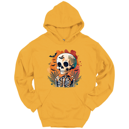 Yellow hoodie with a Halloween-themed design featuring a skull and skeleton surrounded with bats.