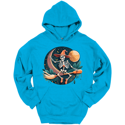 Blue halloween hoodie with a skeleton on a broomstick wearing a witch hat in the night time.
