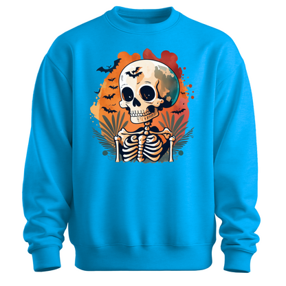 Blue sweatshirt with a Halloween-themed design featuring a skeleton and skull surrounded with bats.