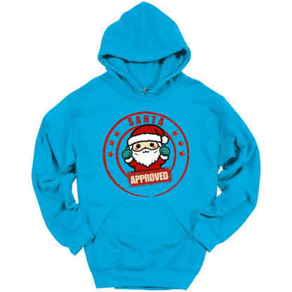 Blue Christmas hoodie with a Santa Claus graphic and 'Approved' text.