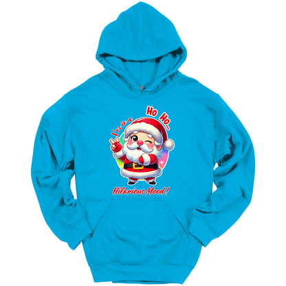 Blue Christmas hoodie with a cartoon Santa Claus design
