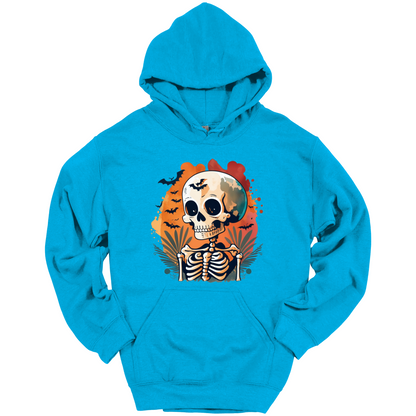Blue hoodie with a Halloween-themed design featuring a skull and skeleton surrounded with bats.
