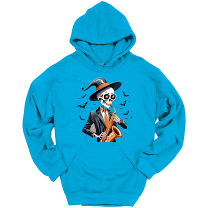 Blue halloween hoodie with a skeleton playing a saxophone and wearing a witch hat, surrounded by bats.