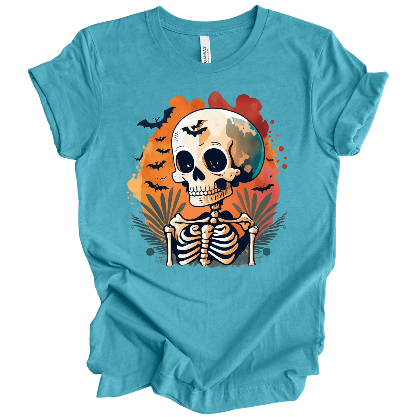 Blue t-shirt with a Halloween-themed design featuring a skeleton and skull surrounded with bats.