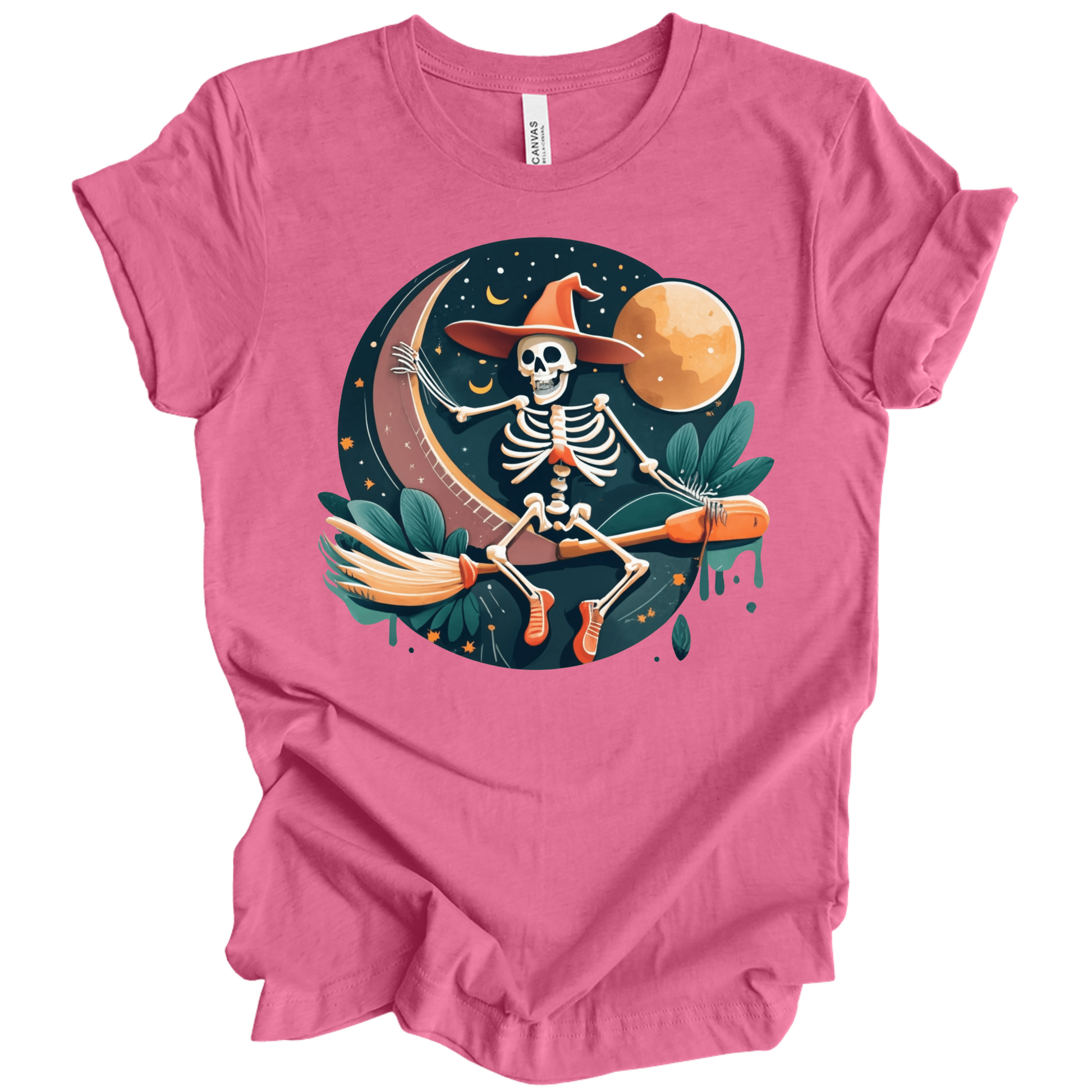 Pink halloween t-shirt with a skeleton on a broomstick wearing a witch hat in the night time.